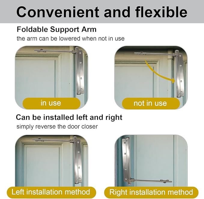 Automatic Door Closer, 150° Opening Angle Spring Self Closing Hinges Stainless Steel Soft Close Auto, Adjustable Catch Speed Latches for Commercial and Residential, Silver