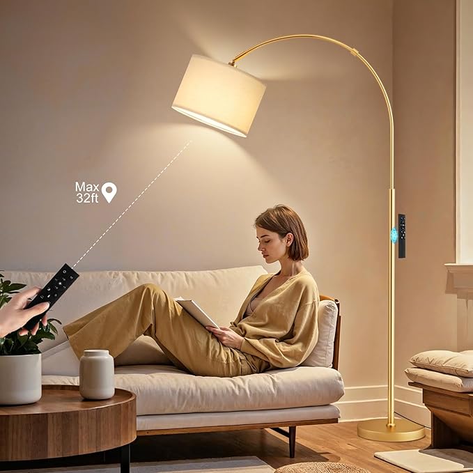 Ambimall Dimmable Arc Floor Lamp with Remote, Color Temperatures and Brightness Adjustable, Arched Floor Lamp with Rotating Head, Over Couch Arched Reading Light for Living Room (Deep Beige and Gold)