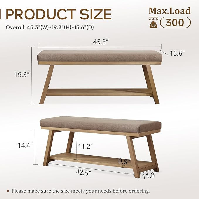 45" Entryway Bench Upholstered Storage Bench for Bedroom Shoe Rack Bench for Living Room, Hallway, Mudroom, Balcony, Sturdy Indoor Bench Seat Holds Up to 300 lbs (Brown)