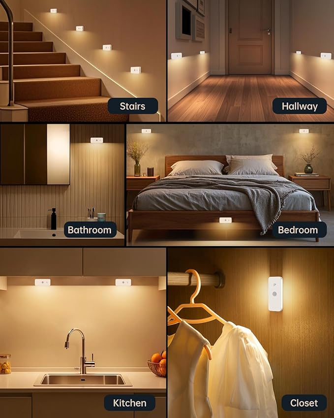 Yiliaw Motion Sensor Night Lights Indoor - Rechargeable Stick-On Stair Lights with Wireless Magnetic Mount, Adjustable Brightness & 3 Color Temps for Hallway, Stairway, Bathroom, Closet (2-Pack)