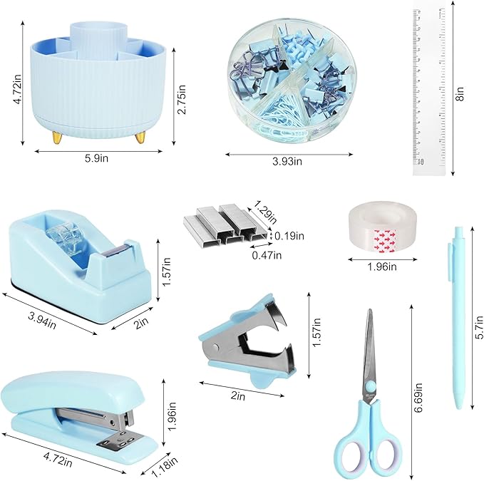 Blue Desk Organizers and Accessories Set with 360-Degree Rotating Pen Holder, Tape Dispenser, Stapler, Staple Remover, 1000 Staples, Tape, Clips Set, Ruler, Scissor, Pen