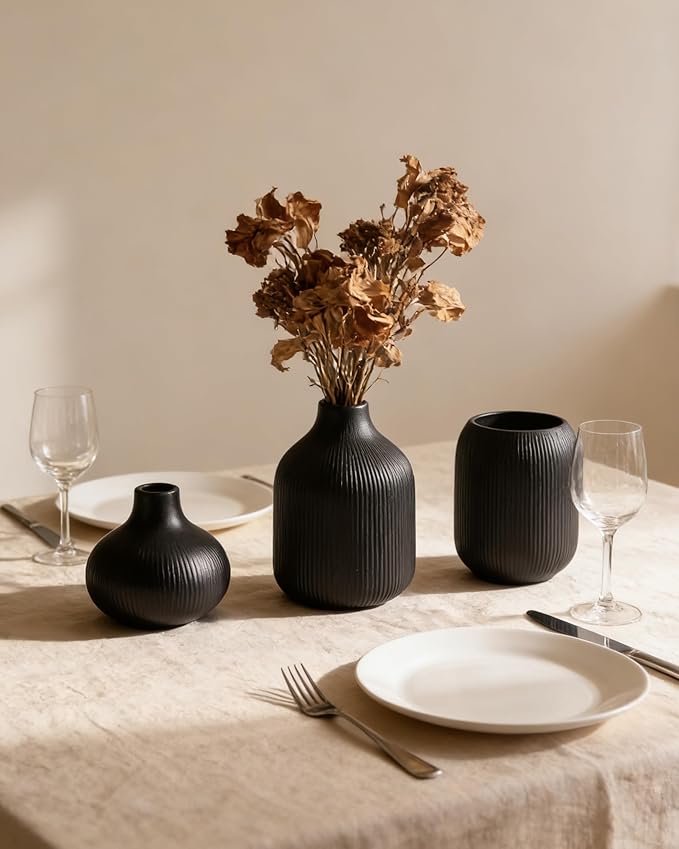 Black Ceramic Vase Set 3 Modern Style Decor Farmhouse Home Living Room Dining Table Room Desk Pottery Small Vases