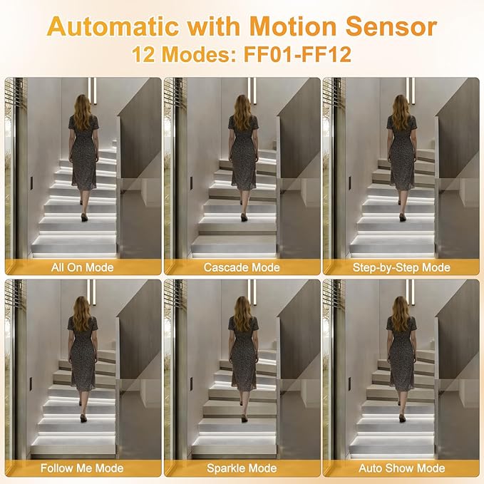 Intelligent Motion Sensor LED Stair Light Kit with Main Wire& Daylight Sensor, Step by Step Control 47.2 Inches Cuttable LED Strip Lights Indoor with Remote (16 Stairs,6000K)