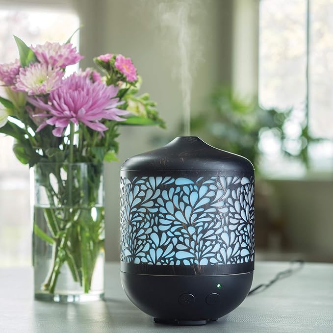 Airome Petal Large Cut Metal Essential Oil Diffuser|250 mL Humidifying Ultrasonic Aromatherapy Diffuser 8 LED Lights, Up to 24 Hours Intermittent & Continual Mist Auto Shut-Off, Black