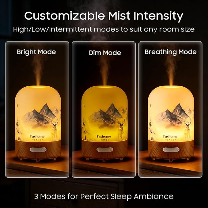 Essential Oil Diffuser Hand Blown Glass, 100ml Small Aromatherapy Diffuser, Auto Shut-Off Function, Ultrasonic Diffusers for Essential Oils, Cool Mist Humidifier with Warm White Lights