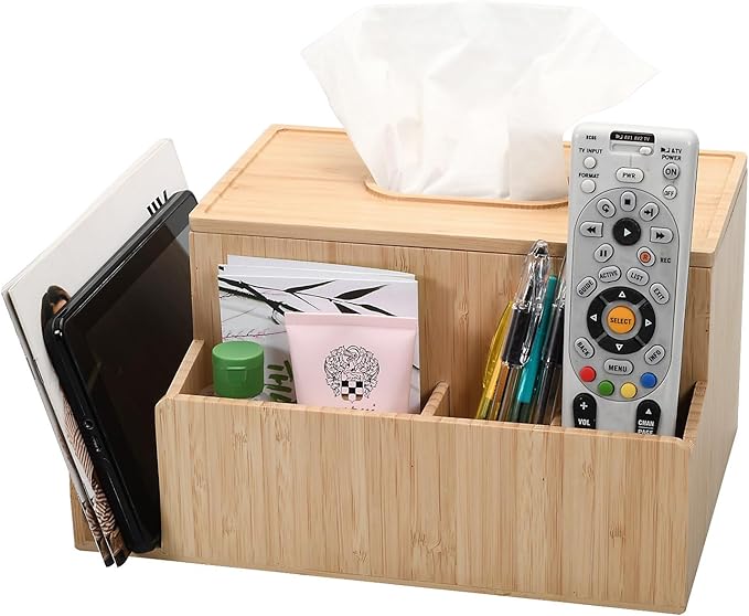 MobileVision Bamboo Tissue Box Holder & Tablet Stand Organizer for Bedroom & Desktop; compartments hold iPad Phones Remote Controls Reading Glasses Notepads & Pens