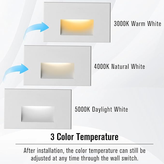 Indoor Step Lights 120V Outdoor Stair Light Dimmable 4W, LED 3 Color Changing 3000K/4000K/5000K, IP66 Waterproof Lights for Steps, White Horizontal Deck Step Light, 6-Pack