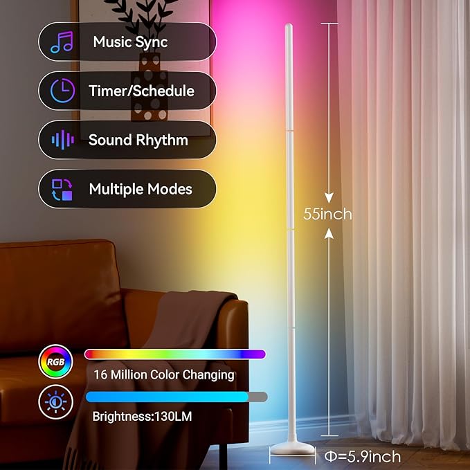 TJOY Smart Floor Lamps for Ambient Lighting, Crystal Joint Design, Modern LED Corner Light with Remote&APP Control, Music Sync, Color Changing Standing Lamp for Room(White, 2Pack)
