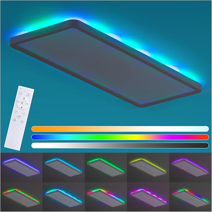23 Inch RGB LED Flush Mount Ceiling Light with Remote, Close to Ceiling Light Fixture, 32W+7W Backlight, 3200LM Dimmable Color Changing Low Profile Rectangle, White, for Bedroom Kids Room Party