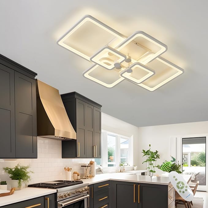 Dimmable White Modern Ceiling Lamp with Remote for for Living Room,6 Square Acrylic Modern Lighting Fixture Ceiling Lights,3000K-6500K Flush Mount Light Fixture for Bedroom Dining Room