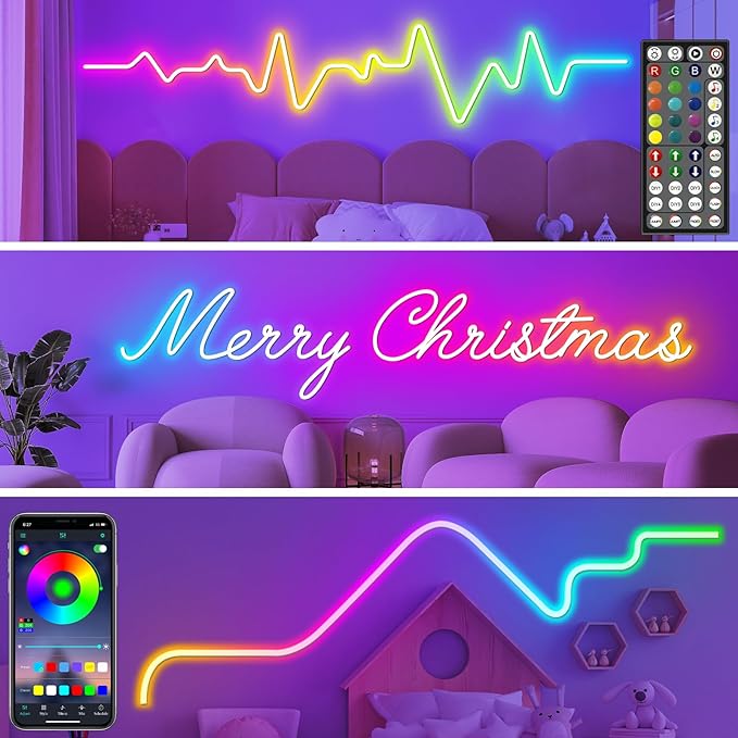 SINLEY Led Neon Rope Lights,Control with App/Remote,Flexible Led Rope Lights,Multiple Modes,IP68 Outdoor RGB Neon Lights Waterproof,Music (32.8FT)