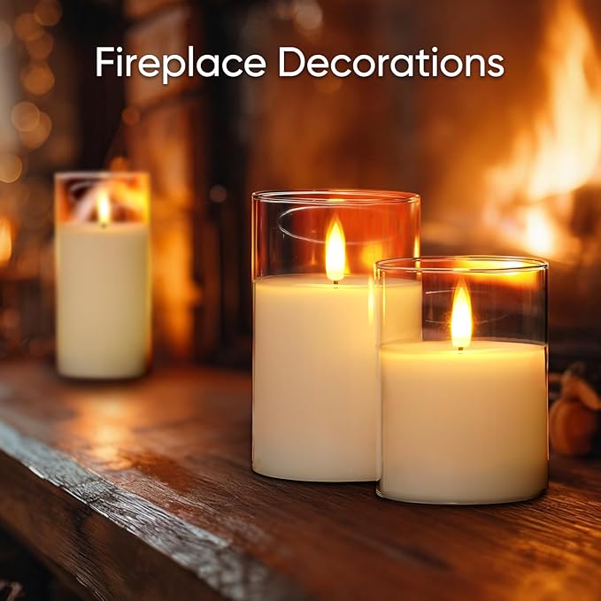 5plots Flameless Battery Operated Candles Set of 3, White LED Candles with Remote Timer, Real Wax Glass Pillar Candles Warm Flickering Light for Indoor Home, Halloween, Christmas Decor D3 x H4 5" 6"