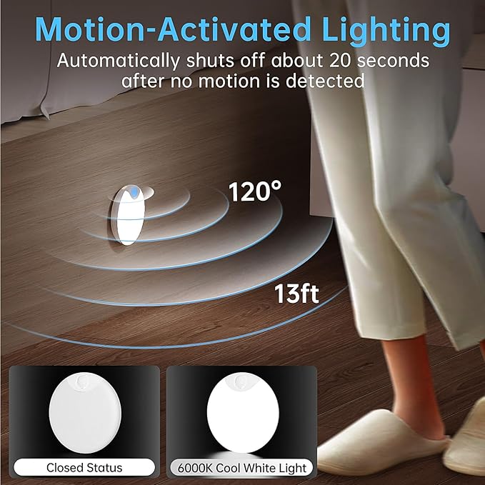 Motion Sensor Night Light,LED Rechargeable Indoor Night Lights,Magnetic Cabinet Light Closet Light for Kitchen Bedroom Bathroom Stairs 6 Pack (White Lamp)