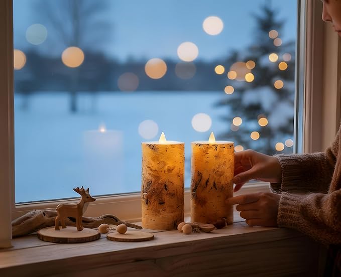 Birch Bark Wax Flameless Candles with Remote Timer, Last 400-Hour with 2AA Batteries, 3D Moving Flame Led Candles, Set of 2(3''x6''), Remote Included(Birch bark).
