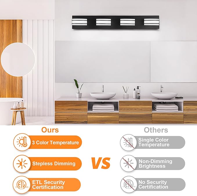 3 Color Temperature Dimmable Bathroom Light Fixtures Over Mirror, LED Black 4 Light Vanity Lighting Fixtures, Acrylic Stainless Steel Oval Shade Vanity Lights for Bathroom, ETL Certificated