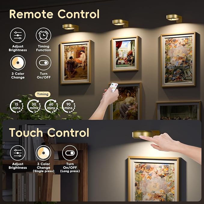 Picture Lights for Wall, Rechargeable Magnetic Poster Lights with 3 Color Temperatures, Dimmable Timer Painting Decor Light for Art Display, Frame (Gold, 1 Pack)