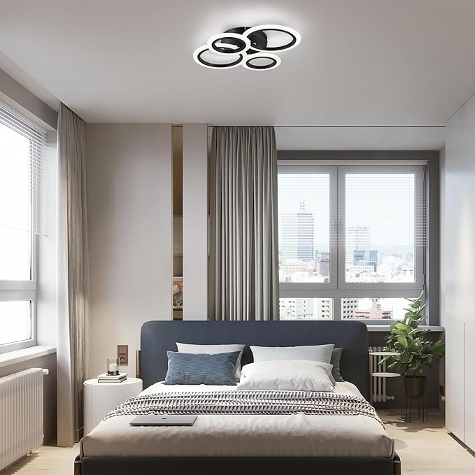 Vikaey Modern LED Flush Mount Ceiling Light, 4 Rings Black Close to Ceiling Light Fixtures, Kitchen Lighting Fixture Ceiling Lamp for Bedroom, Living Room, Laundry Room, 4000K Not Dimmable