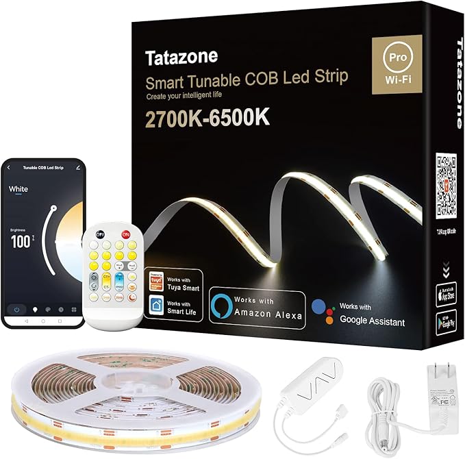 32.8ft Tunable White Smart COB Led Strip Light Kit, CCT 2700K-6500K Bright COB Led Tape Light Compatible with Alexa and Google, Dimmable Indoor COB Led Ribbon for Kitchen Cabinet, Room, TV