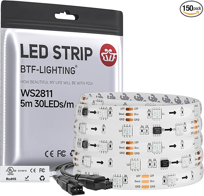 BTF-LIGHTING UL Listed WS2811 IC=RGB+IC Addressable Color RGB LED Strip,16.4FT 30LED/m 10Pixels/m,IP65 White PCB Flexible DC12V Chasing Effect for Indoor Home Decor,3M Tape(No Adapter or Controller)
