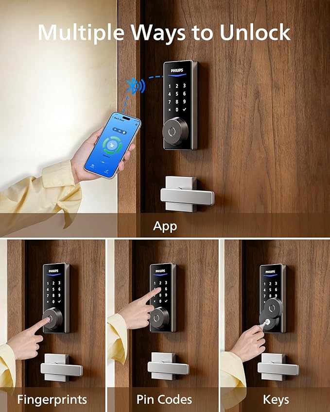 Philips Smart Lock with Handles, Keyless Entry Door Lock Set, Keypad Door Lock with 2 Level Handles, Digital Keypad Deadbolt for Front Door, App Fingerprint PIN Code Unlocking, Auto Locking