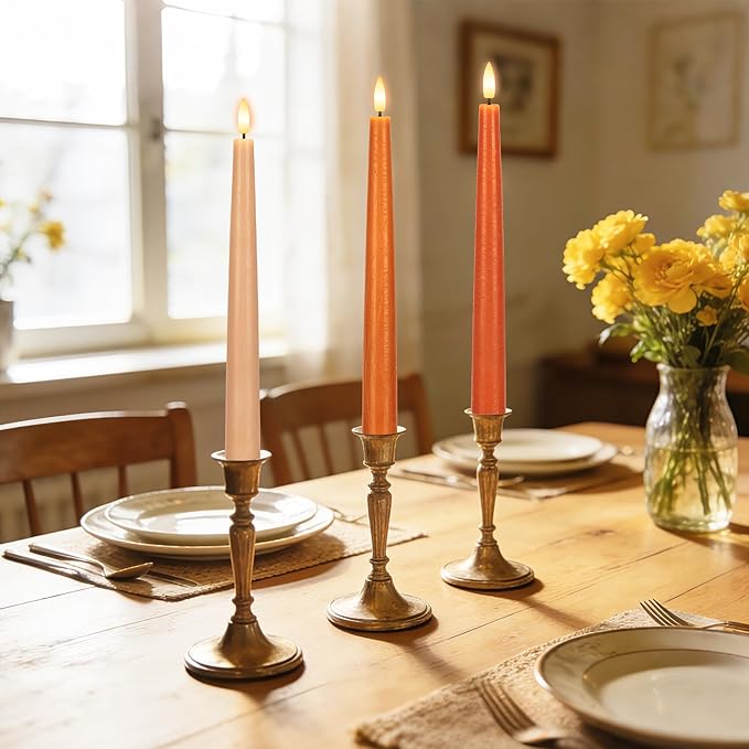 Flameless Taper Candles with Remote, 9.6" Battery Operated Flickering LED Candlesticks, Real Wax Warm Earth Tone Taper Candles for Wedding Centerpieces, Dinner Table, Mantel, Window, 3 Pack