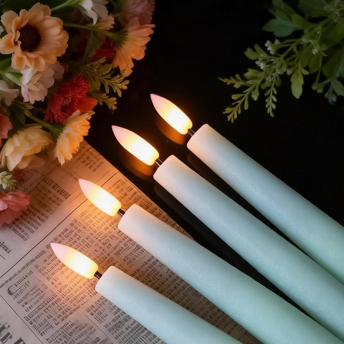 Green Flameless Taper Candles, Spring LED Flickering Taper Candles Battery Operated with Remote Timer, 4 Pcs Flameless Candlesticks for Spring Wedding Home Decorations(D0.78” x H8.1”)