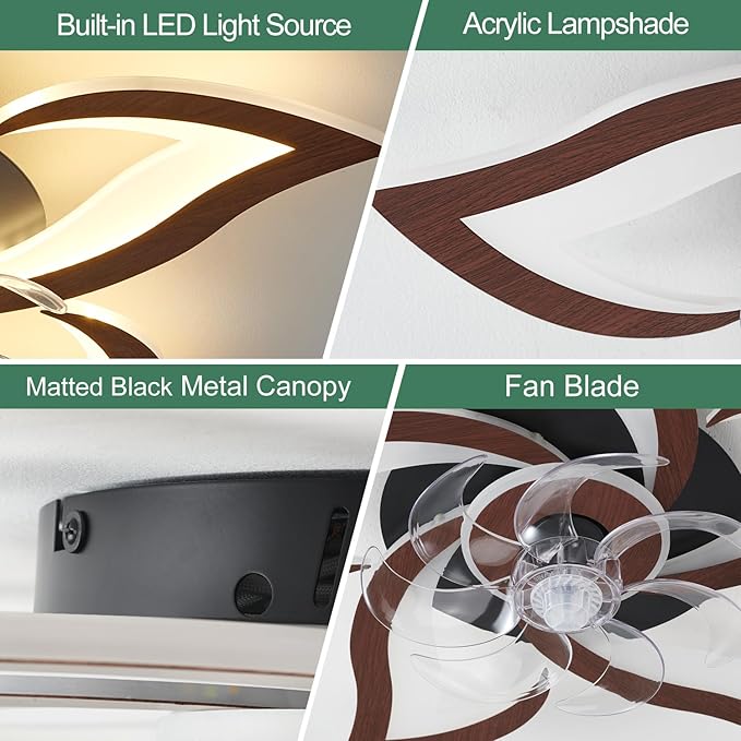 Modern Ceiling Fan with Lights, Flush Mount Ceiling Fan with Remote, Low Profile Ceiling Fan with 3 Light Color 6 Speeds, bladeless Ceiling Fans for Kitchen Bedroom (Malnutcolor)