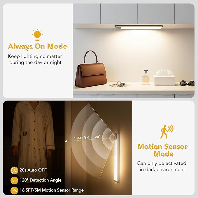 Under Cabinet Lighting, LED Motion Sensor Light Indoor with 3 Color Temps, 2500mAh USB Rechargeable Closet Light, Dimmable Wireless Under Counter Lights for Stairway, Wardrobe, Kitchen(13Inch, 2 Pack)