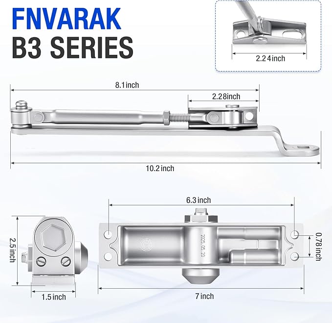 Automatic Door Closer, Adjustable Grade 3 Size Spring Hydraulic, Heavy Duty Door Closer for Commercial and Residential Silver for Doors Weighing 88 to 143 pounds
