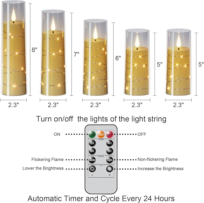 Black Flameless Candles with 2 Remote, Battery Operated Candles with Embedded String Lights and 3D Wick, LED Candles with Remote Timer for Spring Wedding Home Decororations (Set of 5)
