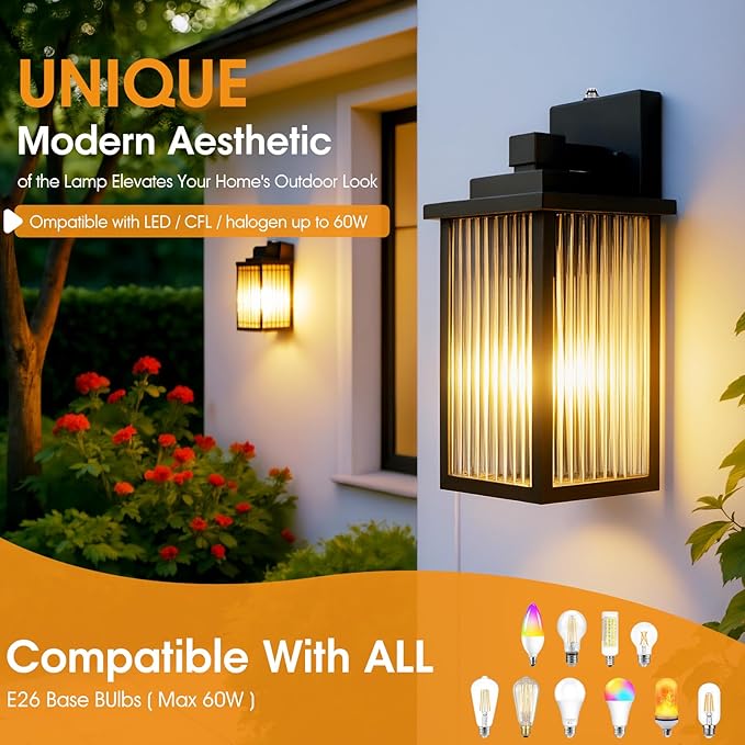 13 Inch Matte Black Outdoor Wall Light, Dusk to Dawn Waterproof Exterior Light Fixture for Porch, Front Door or Garage