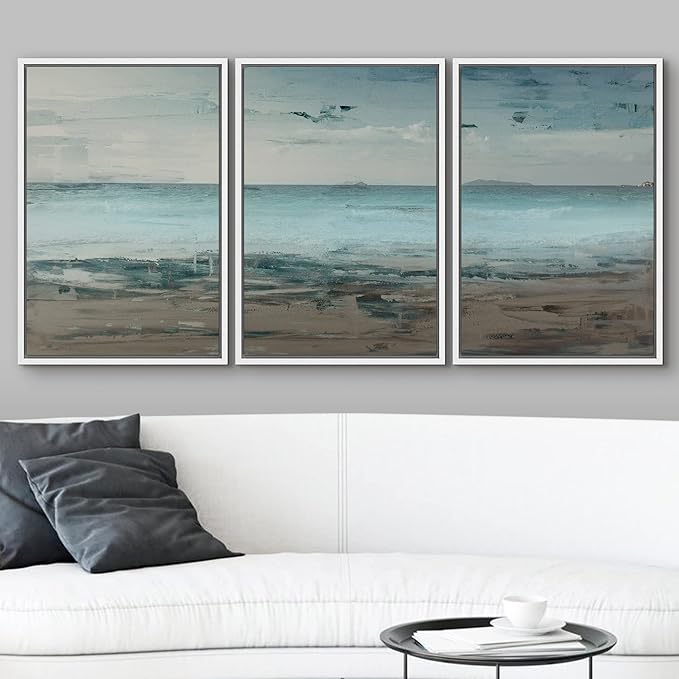 wall26 Framed Canvas Print Wall Art Set Grunge Teal & Brown Beach Shoreline Landscape Geometric Ocean Digital Art Minimalism Nautical Multicolor for Living Room, Bedroom, Office - 16"x24"x3 White