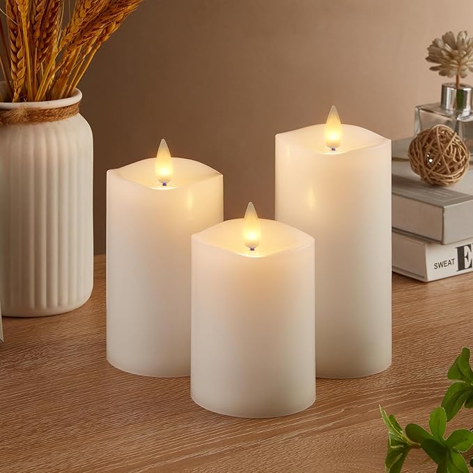 Flameless Pillar Candles Flickering with Remote Timer, Battery Operated LED Candles Up to 400 Hours, 3D Moving Flame Real Wax Candles. (White Melted Top)