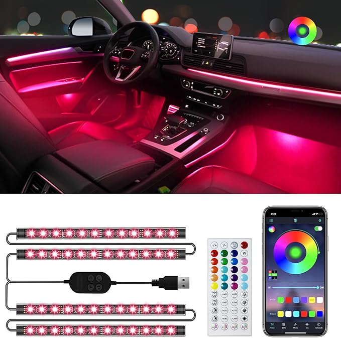 Car Interior LED Lights, APP Control with USB Port, RGB Color Change with Music Sync & DIY Mode, 48 LEDs Lights for Under Dash Running Board Truck