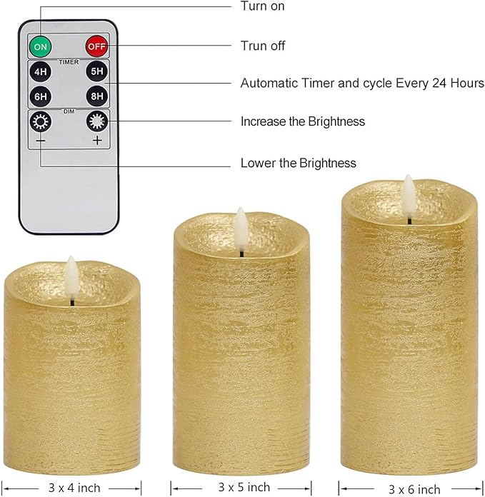 Gold Flameless Candles with Remote, Flickering Real Wax Battery Operated Candles with Timer, Set of 3 LED Pillar Candlesfor Home Room Decor Christmas Decoration