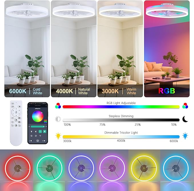 STERREN 15.7" RGB Ceiling Fan with Light, Modern Flush Mount Bladeless Ceiling Fans, Low Profile Ceiling Fan with Remote,Small White Fandelier Chandelier for Bedroom Living Room