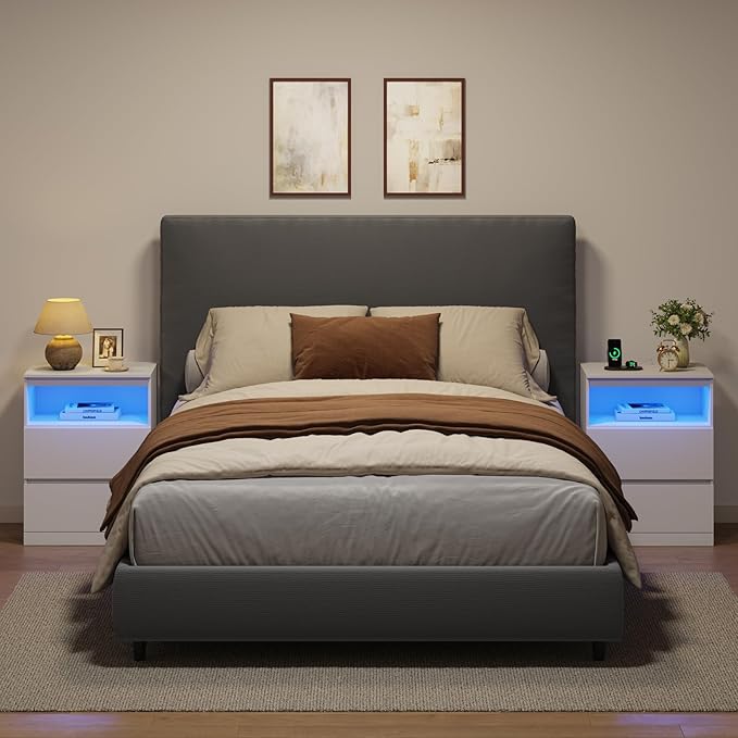 Nightstand Set of 2 with LED Lights, 26" H with Hidden Drawer, Bedside Table with Charging Station, 3 Drawers, Modern Night Stand for Bedroom, White