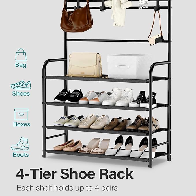 darsun 31.5" Hall Tree, Shoe Storage Bench with 4 Tiers & 8 Hooks, Multipurpose Coat Rack for Entryway, Hallway, Bedroom, Office, Space Saving Organizer
