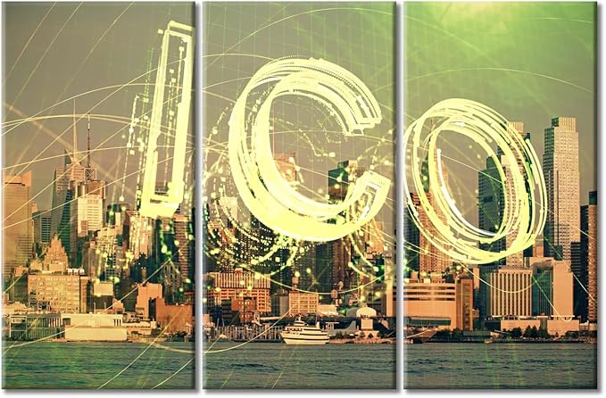 City Veiw Background Crypto Currency Theme Pictures Wall Decor Posters and Prints 3 Panels Concept of Blockchain and Bitcoin Wall Decor for Bedroom Stretched and Framed Ready to Hang (42"Wx28"H)
