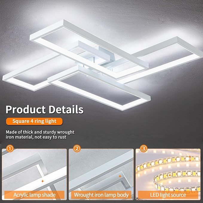 Modern LED Ceiling Light Fixture White Flush Mount Ceiling Light Dimmable 26" Bedroom Lights for Ceiling with Remote Control 48W Kitchen Ceiling Light Fixtures for Hallway 3000K-6000K