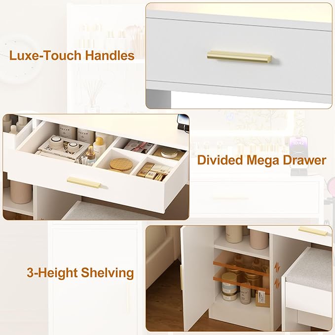 Vanity Desk with Mirror and Lights & Extral Foldable Desk, 31.5" & 39.3" Makeup Vanity Table with 4 Drawers and 3 Open Shelves, Dressing Table for Bedroom, White