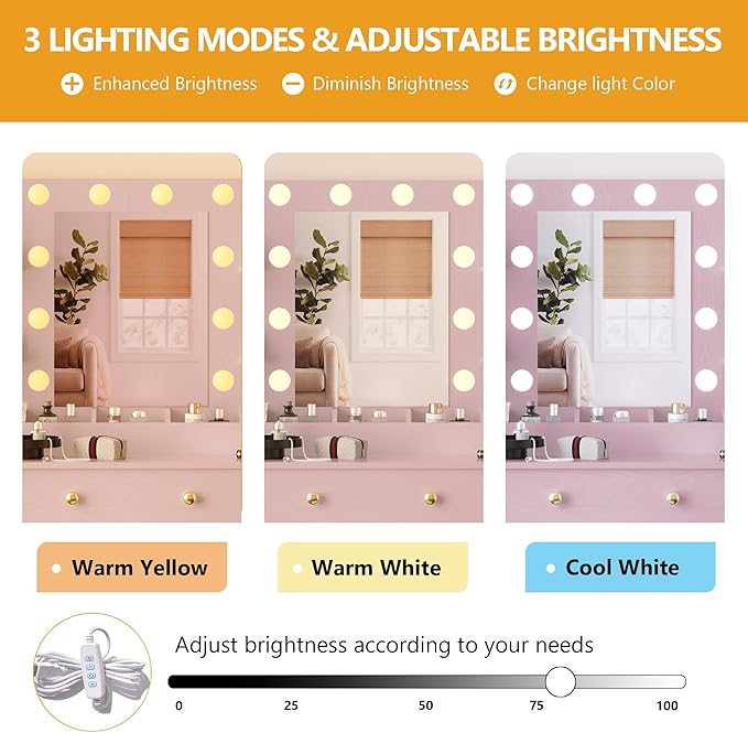 Makeup Vanity Desk with Mirror and Lights, 43" Pink Vanity Set with 3 Drawers, Power Outlet & Adjustable RGB LED Lights, Dressing Table with Storage Shelf for Women & Girls Bedroom