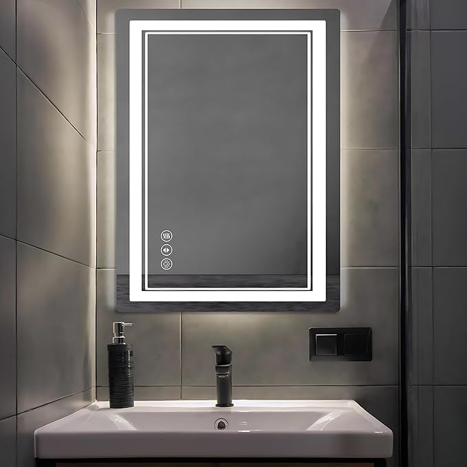 20"x 28" LED Bathroom Mirror with Front and Backlight, Bathroom Vanity Mirror with 3 Color Adjustable, Stepless Dimmable Light, Anti-Fog, Memory Function, Vanity Mirror for Wall(Horizontal/Vertical).