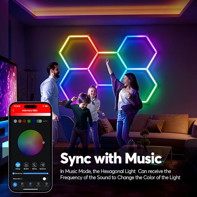 RGB Hexagon led Garage Lights, 5Hexagon Light with Music sync, Dimmer, Smart App/Remote Control, Timer, DIY Color Changing Hex Wall Lights, Honeycomb Light for Gaming Room, Gym, Garage