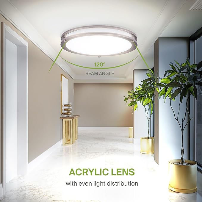ASD LED 16" Round Flush Mount Lighting, Close to Ceiling Light Fixture | 3CCT, Dimmable, Energy Star, ETL Listed | 24W 2118LM 3000-5000K 100-277V | Low Profile Double Ring Lamp | Nickel
