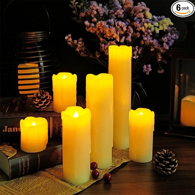 DRomance Flameless Flickering Candles Battery Operated(Battery Included) with 6 Hour Timer, Set of 6 Dripping Wax LED Pillar Candles Halloween Christmas Home Decor(Ivory, 2" D x 2"-9" H)
