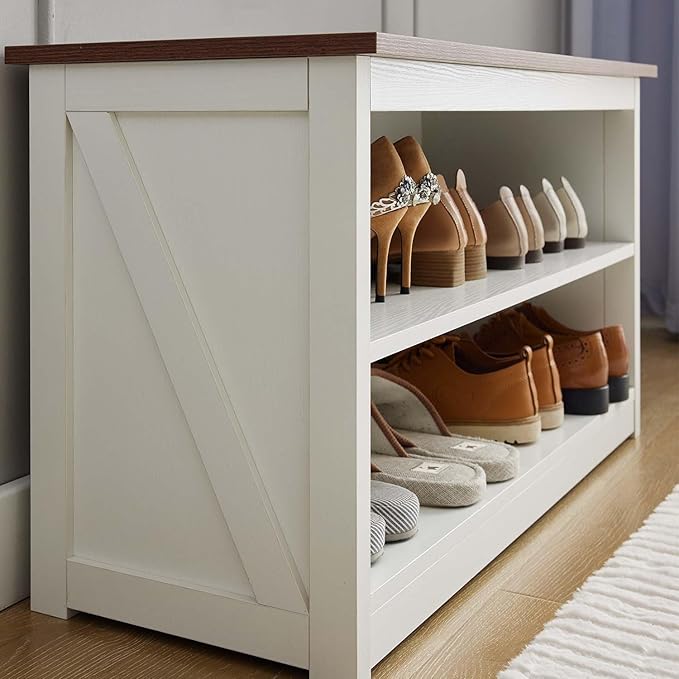 Farmhouse Storage Bench with 2-Tier Open Shelf, Shoe Bench with Cushion for Entryway, Mudroom, Hallway, Living Room & Bedroom Organization, White