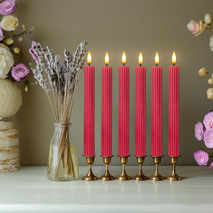 12 Pack, 10" LED Flameless Red Fluted Ribbed Grooved Taper Candles, Remote & 24h Timer Memory, On/Off Button, Dimmable, Flicker Mode, Battery Operated, Christmas Menorah Wedding