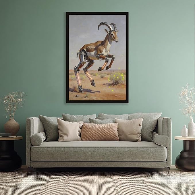 Framed Steampunk Mechanical Antelope Wall Art - Desert Futuristic Poster for Loft Living Room Decor 08x12in