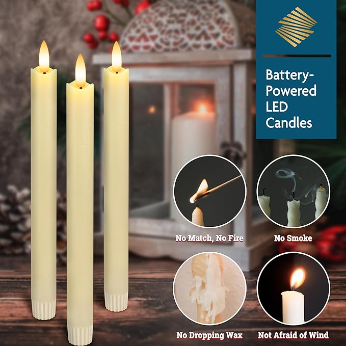 Flameless Taper Candles with Remote, Real Wax Battery Operated LED Candles with 3D Flickering Flame, 9.6" 3PCS Ivory Realistic Dripless Candlesticks for Home Wedding Decor, Mother's Day Gifts